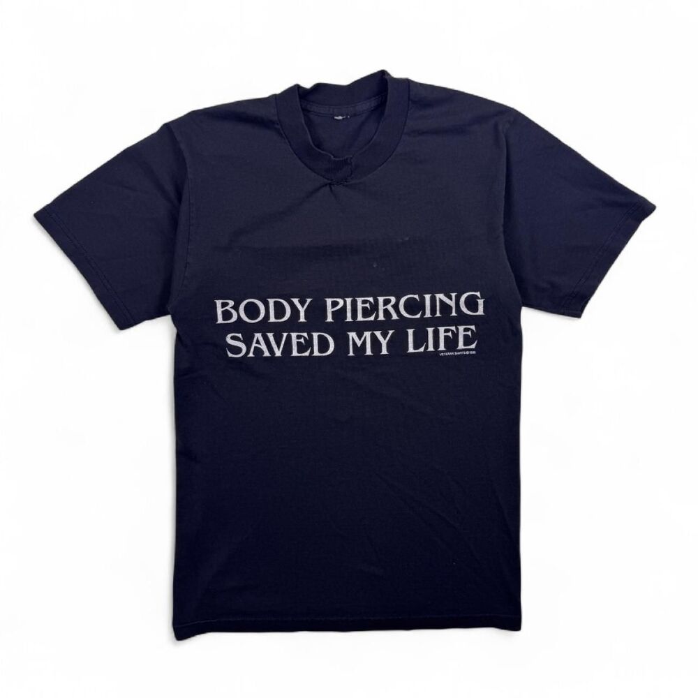 Vintage 90s Jesus Tee Black Body Piercing Saved My Life Tshirt Bible Cross Sz XS